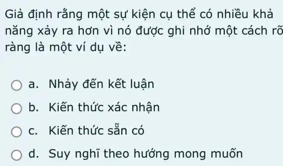 Giả định rằng một sự kiện cụ thế có nhiều khả
nǎng xảy ra hơn vì nó được ghi nhớ một cách rõ
ràng là một ví du về:
a. Nhảy đến kết luận
b. Kiến thức xác nhân
c. Kiến thức sǎn có
d. Suy nghĩ theo hướng mong muốn