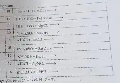 học sau:
10
NH_(3)+H_(2)O+AlCl_(3)arrow 
11
NH_(3)+H_(2)O+Fe(NO_(3))_(2)arrow 
12
NH_(3)+H_(2)O+MgCl_(2)arrow 
13
(NH_(4))_(2)SO_(4)+NaOHarrow 
14
NH_(4)Cl+NaOHarrow 
square 
15
(NH_(4))_(2)SO_(4)+Ba(OH)_(2)arrow 
square 
16
NH_(4)NO_(3)+KOHarrow 
square 
17
NH_(4)Cl+AgNO_(3)arrow 
square 
18
(NH_(4))_(2)CO_(3)+HClarrow 
nguyên tử H(Z=1) và N(Z=7)