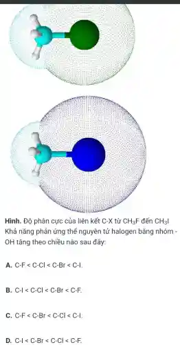 Hình. Độ phân cực của liên kết C-X từ CH_(3)F đến CH_(3)
Khả nǎng phản ứng thế nguyên tử halogen bằng nhóm .
OH tǎng theo chiều nào sau đây:
A. C-Flt C-Cllt C-Brlt C-1
B C-vert lt C-Cvert lt C-Brlt C-F.
C C-Flt C-Brlt C-Cllt C-vert 
D. C-vert lt C-Brlt C-Cllt C-F.