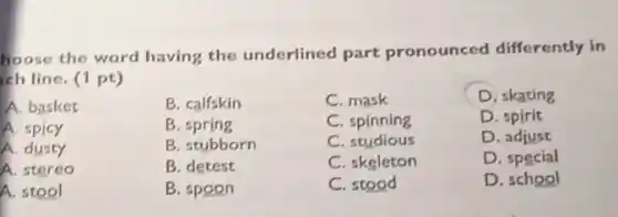 hoose the word having the underlined part pronounced differently in
ch line. (1 pt)
A. basket
B. calfskin
C. mask
D. skating
A. spicy
B . spring
C. spinning
D. spirit
A. dusty
B. stubborn
C studious
D. adjust
A. stereo
B. detest
C. skeleton
D. special
A. stool
B. spoon
C. stood
D. school