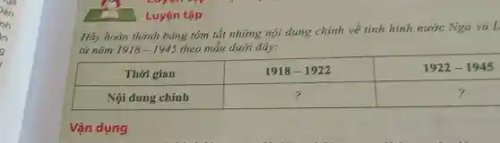 Hãy hoàn thành báng tóm tắt nhũng nội dung chính về tình hình nuớc Nga và L tù năm 1918 - 1945 theo mẫu dưới đây:

 Thời gian & 1918-1922 & 1922-1945 
 Nội dung chính & ? & ?