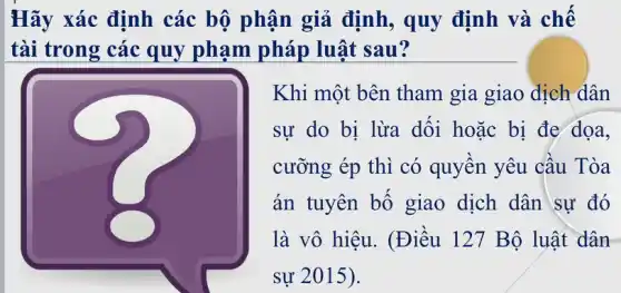 Hãy xác định các bộ phận giả định, quy định và chế
tài trong các quy phạm pháp luật sau?
Khi một bên tham gia giao dịch dân
sự do bị lừa dối hoặc bị đe dọa,
cưỡng ép thì có quyên yêu câu Tòa
án tuyên bố giao dịch dân sự đó
là vô hiệu. (Điều 127 Bộ luật dân
sự 2015 ).