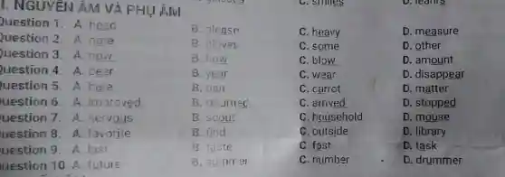 II. NGUYÊN ÂM VÀ PHUANI
C. smiles
uestion 1 .A. head
uestion 2 A. note
B. please
C. heavy
D. measure
uestion 3 A. now
B. gloves
C. some
D. other
B. how
C. blow
D. amount
uestion 4 A. dear
B. year
C. wear
D. disappear
uestion 5 A. hate
B. pan
C. carrot
D. matter
uestion 6 A. imoroved
B. returned
C. arrived
D. stopped
uestion 7 A. nervous
B. scout
C. household
D. mouse
uestion 8 A. favorite
B. find
C. outside
D. library
uestion 9 .A last
B. taste
C. fast
D. task
uestion 10 A. future
B. summel
C. number
D. drummer
D. reallis