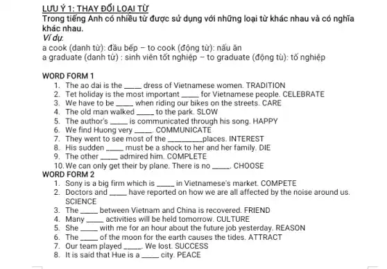 LƯU Ý 1: THAY ĐổI LOAI TỪ
Trong tiếng Anh có nhiều từ được sử dụng với những loại từ khác nhau và có nghĩa
khác nhau.
Ví dự.
a cook (danh từ): đầu bếp - to cook (động từ): nấu ǎn
a graduate (danh từ): sinh viên tốt nghiệp - to graduate (động tù): tố nghiệp
WORD FORM 1
1. The ao dai is the __ dress of Vietnamese women TRADITION
2. Tet holiday is the most important __ for Vietnamese people. CELEBRATE
3. We have to be __ when riding our bikes on the streets. CARE
4. The old man walked __ to the park. SLOW
5. The author's __ is communicated through his song. HAPPY
6. We find Huong very __ . COMMUNICATE
7. They went to see most of the __ places. INTEREST
8. His sudden __ must be a shock to her and her family. DIE
9. The other __ admired him. COMPLETE
10. We can only get their by plane . There is no __ CHOOSE
WORD FORM 2
1. Sony is a big firm which is __ in Vietnamese's market. COMPETE
2. Doctors and __ have reported on how we are all affected by the noise around us.
SCIENCE
3. The __ , between Vietnam and China is recovered. FRIEND
4. Many __ activities will be held tomorrow. CULTURE
5. She __ with me for an hour about the future job yesterday. REASON
6. The __ of the moon for the earth causes the tides. ATTRACT
7. Our team played __ . We lost. SUCCESS
8. It is said that Hue is a __ . city. PEACE