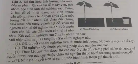 Mỗi nhận định sau là Đúng hay Sai về thí nghiệm này.
__ .(1). Giả thuyết của thí nghiệm trên là: nước ảnh hưởng đến hướng mọc của rễ cây.
__
(2). Thí nghiệm này thuộc phương pháp thực nghiệm sinh học.
__
(3). Theo kết quả thu được thì các cây ở chậu đôi chứng phải có bộ rễ hướng về
nguồn nước, còn các cây thuộc chậu thí nghiệm thì có bộ rê toả xung quanh trong đất.
__
.(4). Nếu giả thuyết trên là sai thì tiến hành hình thành giả thuyết mới.