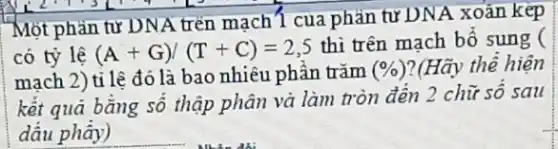 Một phản tử DNA trên mạch 1 cua phản tư DNA xoǎn kép
có tỷ lệ (A+G)/(T+C)=2,5
thì trên mạch bổ sung (
mạch 2) tỉ lệ đó là bao nhiêu phần trǎm (% ) ?(Hãy thể hiện
kết quả bằng số thập phân và làm tròn đến 2 chữ số sau
dấu phây)