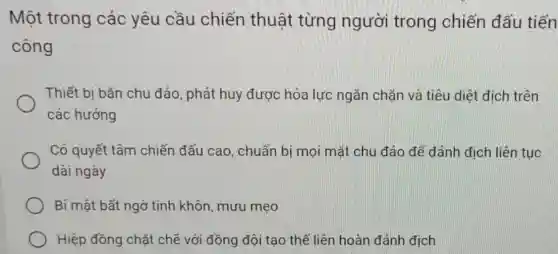 Một trong các yêu cầu chiến thuật từng người trong chiến đấu tiến
công
Thiết bị bằn chu đáo, phát huy được hóa lực ngǎn chặn và tiêu diệt địch trên
các hướng
Có quyết tâm chiến đấu cao , chuẩn bị mọi mặt chu đáo để đánh địch liên tục
dài ngày
Bí mật bất ngờ tinh khôn, mưu mẹo
Hiệp đồng chặt chẽ với đồng đội tạo thế liên hoàn đánh địch