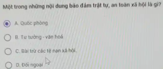 Một trong những nội dung bảo đảm trật tự, an toàn xã hội là gì?
D A. Quốc phòng
B. Tư tướng -vǎn hoá
C. Bài trừ các tệ nạn xã hội.
D. Đối ngoại