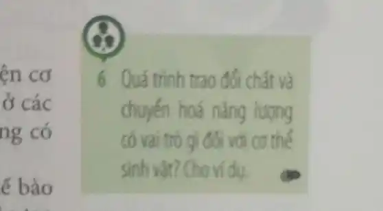 ên cơ
ở các
ng có
ế bào
o
6 Quá trình trao đổi chất và
chuyến hoá nǎng lượng
có vai trò gì đối với cơ thể
sinh vật? Cho ví du.