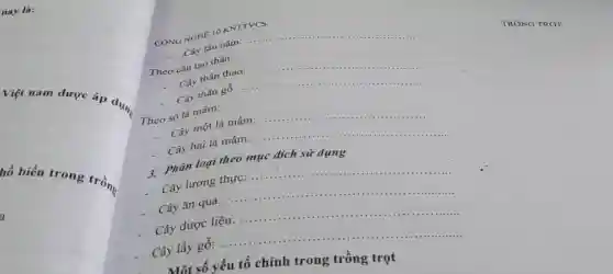 nay là:
Việt nam được áp dụng
hỗ biến trong trồng
a
CÔNG NGHE 10 KNTTVCS
Cây lâu nǎm: ...
__
Theo cầu tạo thân:
Cây thân thào:
__
Cây thân gỗ:
__
Theo số lá mầm:
Cây một lá mầm:
__
__
Cây hai lá mầm: ....
3. Phân loại theo mục đích sử dụng
__
Cây lương thực.......................................................................
__
Cây ǎn quả:
__
......................................................................
Cây dược liệu:
Cây lấy gỗ: .
__
Một số yếu tố chính trong trồng trọt
TRONG TROT