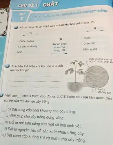 Nối nội dung (1)với cột A và B chỉ thành phần chính của đất.
B
__
A __
Chốt khoáng
(1)
Nước
Thành phần	Giun đất
Lá cây và ré cáy	chính có
Mùn
trong đất	Không khí
Chát khoáng, mùn và
(3) Hinh bên thể hiện vai trò nào của đất
với cây trồng?
__
......................................................................
................................................
Viết vào square  chữ Đ trước câu đúng , chữ S trước câu sai liên quan đến
vai trò của đất đối với cây trồng.
square 
a) Đất cung cấp chất khoảng cho cây trồng.
square 
b) Đất giúp cho cây trồng đứng vững.
c) Đất là nơi sinh sống của một số loài sinh vật.
d) Đất là nguyên liệu để sản xuất chậu trồng cây.
e) Đốt cung cấp không khí và nước cho cây trồng.