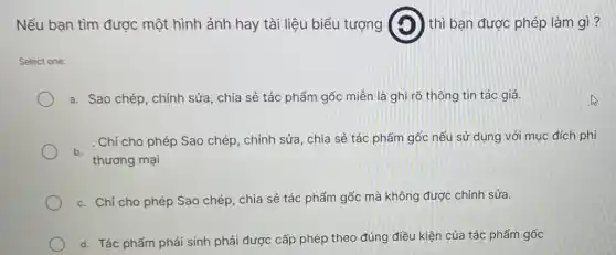 Nếu bạn tìm được một hình ảnh hay tài liệu biểu tượng (D) thì bạn được phép làm gì?
Select one:
a. Sao chép, chỉnh sửa, chia sẻ tác phẩm gốc miễn là ghi rõ thông tin tác giá.
. . Chỉ cho phép Sao chép, chỉnh sửa, chia sẻ tác phẩm gốc nếu sử dụng với mục đích phi
thương mại
c. Chỉ cho phép Sao chép, chia sẻ tác phẩm gốc mà không được chỉnh sửa.
d. Tác phẩm phái sinh phải được cấp phép theo đúng điều kiện của tác phẩm gốc