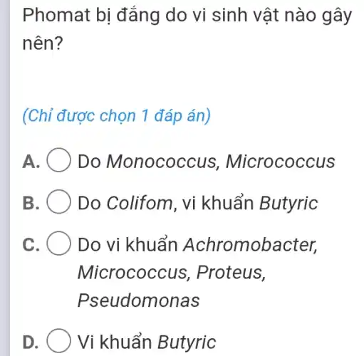 Phomat bị đắng do vi sinh vật nào gây
nên?
(Chỉ được chọn 1 đáp án)
A	Do Monococcus . Micrococcus
B Do Colifom, vi khuẩn Butyric
c. ( Do vi khuẩn Achromobacter,
Micrococcus , Proteus,
Pseudomonas
D	Vi khuẩn Butyric