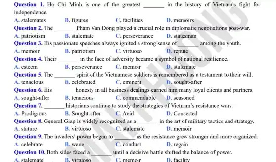 Question 1. Ho Chi Minh is one of the greatest __ in the history of Vietnam's fight for
independence.
A. stalemates
B. figures
C. facilities
D. memoirs
Question 2. The __ Pham Van Dong played a crucial role in diplomatic negotiations post-war.
A. patriotism
B. stalemate
C. perseverance
D. statesman
Question 3. His passionate speeches always ignited a strong sense of __ among the youth.
A. memoir
B. patriotism
C. virtuoso
D. repute
Question 4. Their __ in the face of adversity became a symbol of national resilience.
A. esteem
B perseverance
C. memoir
D. stalemate
Question 5. The __ spirit of the Vietnamese soldiers is remembered as a testament to their will.
A. tenacious
B. celebrated
C. eminent
D. sought-after
Question 6. His __ honesty in all business dealings earned him many loyal clients and partners.
A. sought-after
B. tenacious
C. commendable
D. seasoned
Question 7. __ historians continue to study the strategies of Vietnam's resistance wars.
A. Prodigious
B. Sought-after
C. Avid
D. Concerted
Question 8. General Giap is widely recognized as a __ in the art of military tactics and strategy.
A. stature
B. virtuoso
C. stalemate
D. memoir
Question 9. The invaders' power began to __ as the resistance grew stronger and more organized.
A. celebrate
B. wane
C. conduct
D. regain
Question 10. Both sides faced a __ until a decisive battle shifted the balance of power.
A. stalemate
B. virtuoso
C. memoir
D. facility