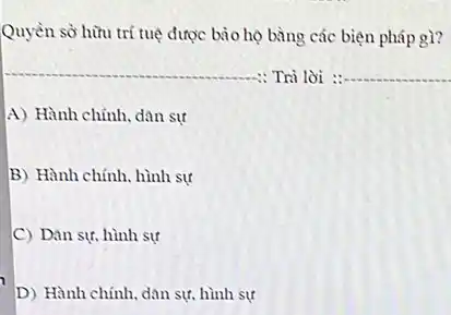 Quyền sờ hữu trí tuệ được bảo họ bùng các biện pháp gì?
: Trả lời : __
A) Hành chính, dan sự
B) Hành chính, hình sự
C Dân sự, hình sự
D) Hành chính, dan sự, hình sự