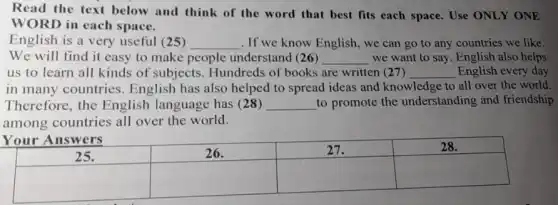 Read the text below and think of the word that best fits each space. Use ONLY ONE WORD in each space.
English is a very useful (25) If we know English, we can go to any countries we like. We will find it easy to make people understand (26) we want to say. English also helps us to learn all kinds of subjects. Hundreds of books are written (27) English every day in many countries. English has also helped to spread ideas and knowledge to all over the world. Therefore, the English language has (28) to promote the understanding and friendship among countries all over the world.
Your Answers

 25. & 26. & 27. & 28. 
 & & &