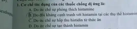 say.
eudoephe
1. Cơ chế tác dụng của các thuốc chống dị ứng là:
A. Do ức chê sự phóng thích histamine
B. Do đổi kháng canh tranh với histamin tại các thụ thể histamin
C. Do ức chê sự hấp thu histidin từ thức ǎn
D. Do ức chê sự tạo thành histamin