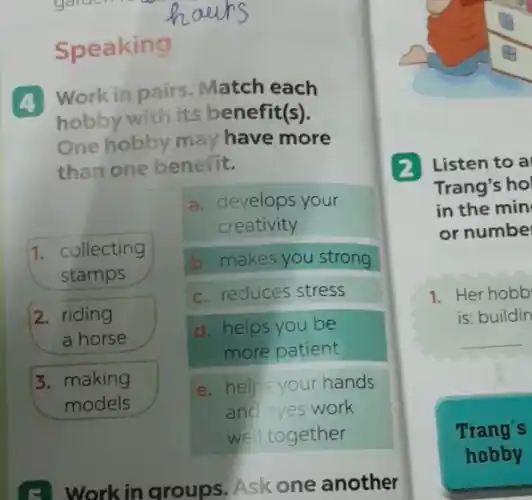 Speaking
(4) Work in pairs Match each
hobby with its benefit(s).
One hobby may have more
than one benefit.
a. develops your
creativity
1. collecting
stamps
b. makes you strong
c. reduces stress
2. riding
a horse
d. helps you be
more patient
3. making	e. helps your hands
models	and eyes work
we together
5. Workin groups. Ask one another
2 Listen to a
Trang's ho
in the min
or numbe
1. Her hobb
is: buildin
__
Trang's
hobby