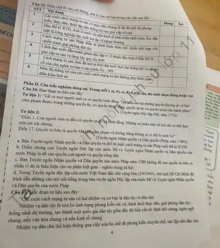 STT Nội dung vào cột Đúng, chữ S vào cột Sai trong các câu sau đây
square 
square 
square 
square 
square 
square 
square 
square 
square 
square 
square 
Phần II. Câu trắc nghiệm đúng sai. Trong mỗi ý a), b), c),d) ở mỗi câu, thí sinh chọn đúng hoặc sai
Câu 34: Đọc đoạn tư liệu sau đây:
square 
Tư liệu 1: "Tất cả mọi người sinh ra có quyền bình đẳng Tạo hóa cho họ những quyền không ai có thể
xâm phạm được; trong những quyền ấy, có quyền được Sống, quyền tự do và quyền mưu cầu hạnh phúc".
(Tuyên ngôn Độc lập (Mĩ, nǎm 1776)
Tư liệu 2:
"Điều 1. Con người sinh ra đều có quyền tự đó và bình đẳng Những sự phân biệt xã hội chỉ có thể dựra
trên lợi ích chung.
Điều 17. Quyền tư hữu là quyền bất khảyâm phạm và thiêng liêng không ai có thể bị tước bỏ"
(Tuyên ngôn Nhân quyền và Dân quyền (Pháp, nǎm 1789))
a. Bản Tuyên ngôn Nhân quyền và Dân quyền ra đời từ cuộc cách mạng tư sản Pháp cuối thế ki XVIII
b. Điểm chung của Tuyên ngôn Độc lập của nước Mĩ và Tuyên ngôn Nhân quyền và Dân quyền của
nước Pháp là đề cao quyên con người và quyền công dân
c. Bản Tuyên ngôn Nhân quyền và Dân quyền của nước Pháp nǎm 1789 không đề cao quyền tư hữu cả
nhân vì đó là biểu hiện cho sự phân biệt giàu -nghèo trong xã hội
d. Trong Tuyên ngôn độc lập của nước Việt Nam dân chủ cộng hòa (2/9/1945) chủ tịch Hồ Chí Minh đã
trích dẫn những câu nói nổi tiếng trong bản tuyên ngôn Độc lập của nước Mĩ và Tuyên ngôn Nhân quyền
và Dân quyền của nước Pháp
Câu 65: Đọc đoạn tư liệu sau đây:
*C*C cuộc cách mạng tư sản có hai nhiệm vụ cơ bản là dân tộc và dân chủ
Nhiệm vụ dân tộc là xóa bỏ tình trạng phong kiến cát cứ, đánh đuổi thực dân, giải phóng dân tộc,
thống nhất thị trường , tạo thành một quốc gia dân tộc gồm đầy đủ bốn yếu tố: lãnh thổ chung.ngôn ngữ
chung, nền vǎn hóa chung và nền kinh tế chung
Nhiệm vụ dân chủ thể hiện thông qua việc xóa bỏ chế độ phong kiến chuyên chế, xác lập nền dân chủ