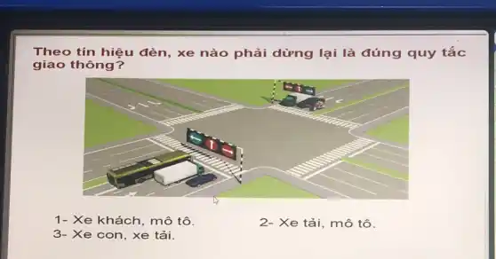 Theo tín hiệu đèn, xe nào phải dừng lại là đúng quy tắc
giao thông?
1- Xe khách , mô tô.
2- Xe tải, mô tô.
3- Xe con, xe tải.