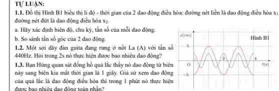 TU'LUÂN:
1.1. Đồ thị Hình B1 biểu thị li độ - thời gian của 2 dao động điều hòa:đường nét liền là dao động điều hòa X_(1)
đường nét đứt là dao động điều hòa X_(2)
a. Hãy xác định biên độ, chu kỳ,, tần số của mỗi dao động.
b. So sánh tần sô góc của 2 dao động.
1.2. Một sợi dây đàn guita đang rung ở nốt La (A) với tần số
440Hz. Hỏi trong 2s nó thực hiện được bao nhiêu dao động?
1.3. Bạn Hùng quan sát đồng hồ quả lắc thấy nó dao động từ biên
này sang biên kia mất thời gian là 1 giây. Giả sử xem dao động
của quả lắc là dao động điều hòa thì trong 1 phút nó thực hiện
được bao nhiêu dao động toàn phần?