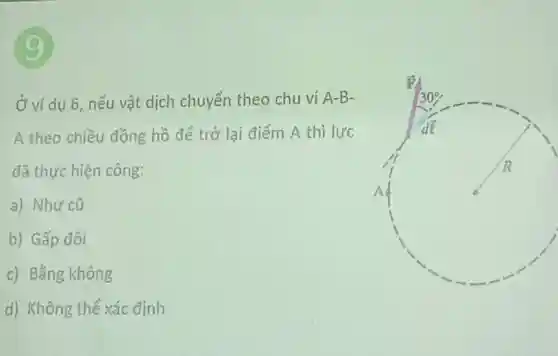 Ở ví dụ 6 , nếu vật dịch chuyển theo chu vi A-B-
A theo chiều đồng hồ để trở lại điểm A thì lực
đã thực hiện công:
a) Như cũ
b) Gấp đôi
c) Bắng không
d) Không thể xác định