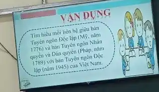 VAN DUNG
Tìm hiểu mỗi liên hệ giữa bản
Tuyên ngôn Độc lãp (M)nǎm
1776) và bán Tuyên ngôn Nhân
quyền và Dân quyền (Pháp, nǎm
1789)
với bản Độc
lập (nǎm 1945)của Việt Nam.