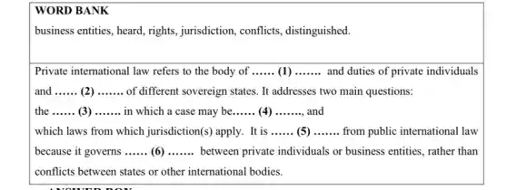 WORD BANK
business entities, heard, rights , jurisdiction, conflicts , distinguished.
Private international law refers to the body of __ (1) __ and duties of private individuals
and __ (2) __ of different sovereign states . It addresses two main questions:
the __ (3) __ in which a case may be __ (4) __ and
which laws from which jurisdiction(s) apply. It is __ (5) __ from public international law
because it governs __ (6) __ between private individuals or business entities, rather than
conflicts between states or other international bodies.