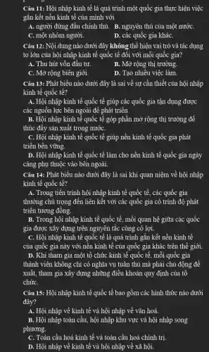 Câu 11: Hội nhập kinh tế là quá trình một quốc gia thực hiện việc
gắn kết nền kinh tê của mình với
A. người đứng đâu chính thủ. B. nguyên thủ của một nướC.
C. một nhóm người.
D. các quốc gia kháC.
Câu 12: Nội dung nào dưới đây không thể hiện vai trò và tác dụng
to lớn của hội nhập kinh tế quốc tế đối với mỗi quốc gia?
A. Thu hút vốn đầu tư.
B. Mở rộng thị trường.
C. Mở rộng biên giới.
D. Tạo nhiều việc làm.
Câu 13: Phát biểu nào dưới đây là sai về sự cân thiết của hội nhập
kinh tế quốc tế?
A. Hội nhập kinh tế quốc tế giúp các quốc gia tận dụng được
các nguồn lực bên ngoài đề phát triển
B. Hội nhập kinh tê quốc tê góp phân mở rộng thị trường để
thúc đây sản xuất trong nướC.
C. Hội nhập kinh tế quốc tế giúp nền kinh tế quốc gia phát
triển bền vững.
D. Hội nhập kinh tế quốc tế làm cho nền kinh tế quốc gia ngày
càng phụ thuộc vào bên ngoài.
Câu 14: Phát biểu nào dưới đây là sai khi quan niệm về hội nhập
kinh tế quốc tế?
A. Trong tiến trình hội nhập kinh tế quốc tế, các quốc gia
thường chú trọng đên liên kết với các quốc gia có trình độ phát
triên tương đông.
B. Trong hội nhập kinh tế quốc tế , mối quan hệ giữa các quốc
gia được xây dựng trên nguyên tắc cùng có lợi.
C. Hội nhập kinh tê quốc tê là quá trình gắn kết nền kinh tế
của quốc gia này với nền kinh tế của quốc gia khác trên thế giới.
D. Khi tham gia một tô chức kinh tế quốc tế, mỗi quốc gia
thành viên không chỉ có nghĩa vụ tuân thủ mà phải chủ động đê
xuất, tham gia xây dựng những điều khoản quy định của tô
chứC.
Câu 15: Hội nhập kinh tế quốc tế bao gồm các hình thức nào dưới
đây?
A. Hội nhập về kinh tế và hội nhập về vǎn hoá.
B. Hội nhập toàn câu, hội nhập khu vực và hội nhập song
phương.
C. Toàn cầu hoá kinh tế và toàn cầu hoá chính trị.
D. Hội nhập về kinh tê và hội nhập về xã hội.