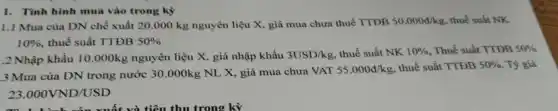 1. Tình hình mua vào trong kỳ
1.1 Mua của DN chế xuất 20.000 kg nguyên liệu X giá mua chưa thuế TTĐB 50.000d/kg. thuế suất NK
10% . thuế suất TTĐB 50% 
.2Nhập khẩu 10.000kg nguyên liệu X, giá nhập khẩu 3USD/kg, thuế suất NK 10%  . Thuế suất TTĐB 50% 
3 Mua của DN trong nước 30.000kg NI . X, giá mua chưa VAT
55.000d/kg thuế suất TTĐB 50%  Tỷ giá
23.000VND/USD