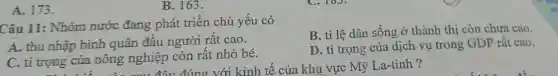 A. 173.
B. 163.
Câu 11: Nhóm nước đang phát triển chủ yếu có
B. tỉ lệ dân sống ở thành thị còn chưa cao.
A. thu nhập bình quân đầu người rất cao.
C. ti trọng của nông nghiệp còn rất nhỏ bé.
D. tỉ trọng của dịch vụ trong GDP rât cao.