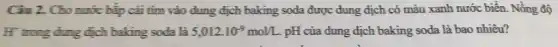 2. Cho nước bắp cài tím vào dung dịch baking soda được dung dịch có màu xanh nước biển. Nồng độ
H" trong dung dịch baking soda là 5,012cdot 10^-9mol/L. pH của dung dịch baking soda là bao nhiêu?