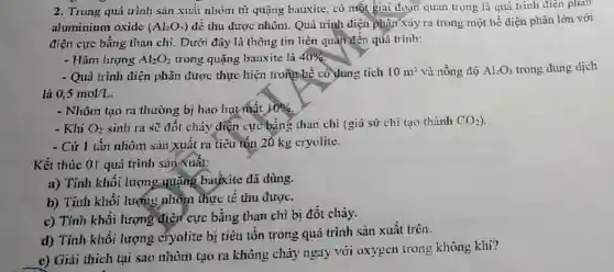 2. Trong quá trình sản xuất nhôm từ quặng bauxite, có niốt giai đoạn quan trọng là quả trình điện phản
aluminium oxide (Al_(2)O_(3))
đề thu được nhôm Quá trình diện phân xảy ra trong một bể diện phân lớn với
điện cực bằng than chi. Dưới đây là thông tin lièn quan đến quá trình:
- Hàm lượng Al_(2)O_(3) trong quặng bauxite là 40% 
- Quả trình điện phần được thực hiện trong bè có dung tích 10m^3 và nồng độ Al_(2)O_(3) trong dung dịch
là 0,5mol/L
- Nhôm tạo ra thường bị hao hụt mắt 10% 
- Khí O_(2) sinh ra sẽ đốt cháy diện cực bãng than chỉ (giả sữ chi tạo thành CO_(2))
- Cứ 1 tấn nhóm sàn xuất ra tiêu tồn 20 kg cryolite.
Kết thúc 01 quá trình sari xuất:
a) Tính khôi lượng quạng bayxite đã dùng.
b) Tính khói lương nhỗm thực tế thu được.
c) Tính khối lượng điện cực bằng than chỉ bị đốt chảy.
d) Tinh khồi lượng cryolite bị tiêu tồn trong quá trình sản xuất trên.
e) Giai thich tại sao nhôm tạo ra không cháy ngay với oxygen trong không khi?