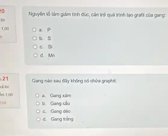 20
kn
1,00
21
Nguyên tố làm giảm tính dục, cán trở quá trình tạo grafi của gang:
a. P
b. s
c. Si
d. Mn
Gang nào sau đây không có chứa graphit:
a. Gang xám
b. Gang cầu
c. Gang déo
d. Gang tráng