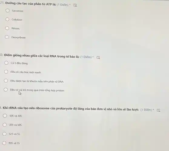21. Đường cấu tạo của phân từ ATP là: (1 Điểm)
Saccarose
Cellulose
Rbose.
Deoxyribose
2. Điểm giống nhau giữa các loại RNA trong tế bào là:(1 Điểm) (4)
Cả 3 đều đủng
Đèu có cấu trúc một mạch
Deu duoc tao từ khuôn mẫu trên phân từ DNA
Điu có vai trò trong quá trình tổng hợp protein
3. Khi rRNA cấu tạo nên ribosome của prokaryote độ lắng của bán đơn vị nhỏ và lôn sẽ lần lượt: (1 Điểm)
50S và 30S
30S và 50S
325 và 5S
80S và 5S