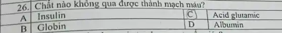 26. Chất nào không qua được thành mạch máu?
A
Insulin
c
Acid glutamic
B
Globin
D
Albumin