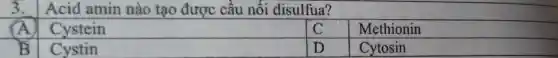 3. Acid amin nào tạo được câu nối disulfua?
A Cystein
C
Methionin
B Cystin
D
Cytosin