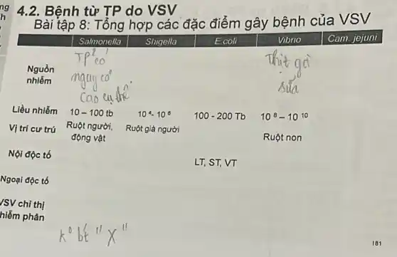 4.2. Bệnh từ TP do VSV
Bài tập 8: Tổng hợp các đặc điểm gây bệnh của VSV
Salmonella
Vibrio
Cam. jejuni
Nguồn
nhiễm
Liều nhiễm
100-200Tb
10^8-10^10
Vị trí cư trú
Ruột già người
Nội độc tố
LT, ST, VT
Ngoại độc tố
VSV chỉ thị
hiễm phân