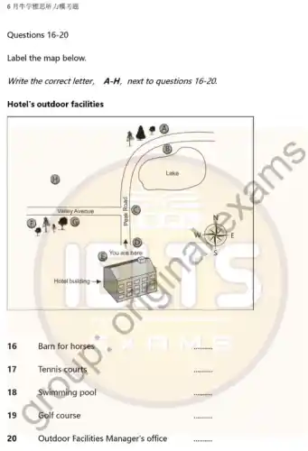 6 H47 MILLIME JJ
Questions 16-20
Label the map below.
Write the correct letter,A-H, next to questions 16-20.
Hotel's outdoor facilities
16 Barn for horses
17 Tennis courts
18 Swimming pool
19 Golf course
20 Outdoor Facilities Manager's office