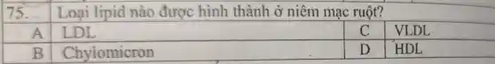 75. Loại lipid nào được hình thành ở niêm mạc ruột?
A
square 
C
VLDL
B
Chylomicron
D
HDL