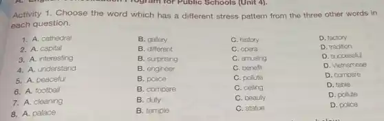 Activity 1. Choose the word which has a different stress pattern from the three other words in
each question.
1. A. cathedral
C. history
2. A. capital
3. A. interesting
C. amusing
4. A. understand
C. benefit
8. A. palace
B. gallery
B. different
B. surprising
B. engineer
B. police
B. compare
B. duty
B. temple
C. opera
D. factory
D. tradition
D. successful
D. Vietnamese
D. compare
D. table
D. pollute
D. police
5. A. peaceful
C. pollute
6. A. football
C. ceiling
7. A. cleaning
C. beauty
C. statue