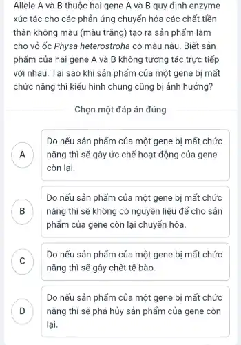 Allele A và B thuộc hai gene A và B quy định enzyme
xúc tác cho các phản ứng chuyển hóa các chất tiền
thân không màu (màu trắng) tạo ra sản phẩm làm
cho vỏ ốc Physa heterostroha có màu nâu. Biết sản
phẩm của hai gene A và B không tương tác trực tiếp
với nhau. Tại sao khi sản phẩm của một gene bị mất
chức nǎng thì kiểu hình chung cũng bị ảnh hưởng?
Chọn một đáp án đúng
A nǎng thì sẽ gây ức chế hoạt động của gene
Do nếu sản phẩm của một gene bị mất chức
n
còn lại.
B
Do nếu sản phẩm của một gene bị mất chức
nǎng thì sẽ không có nguyên liệu để cho sản D
phẩm của gene còn lại chuyển hóa.
C
Do nếu sản phẩm của một gene bị mất chức
v
nǎng thì sẽ gây chết tế bào.
Do nếu sản phẩm của một gene bị mất chức