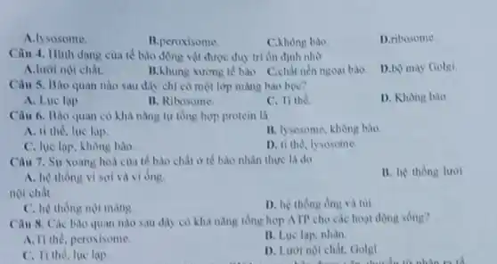 A.lysosome.
B.peroxisome.
C.không bào
D.ribosome.
Câu 4. Hinh dang của tế bào động vật được duy tri ôn định nhờ
A.lưới nội chất.
B.khung xurong té bào C.chất nèn ngoại bào.
D.b) máy Golgi
Câu 5. Bào quan nào sau đây chỉ có một lớp màng bao boc?
D. Khong bao
A. Lue lap
13. Ribosome
C. Ti the
Câu 6. Bào quan có khà nǎng tự tổng hợp protein là
A. ti the, lue lap.
B. Iysosome, không bào
C. lue lop, không bào
D. ti the, lysosome
Câu 7. Sự xoang hoá của tế bào chất ở tế bào nhân thực là do
B. he thong lurol
A. he thong vi sợi và vi ông
noi chat.
D. he thong ống và tui.
C. he thong nol mang
Câu 8. Các bào quan nào sau đây có khà nǎng tồng hợp ATP cho các hoạt động sóng?
A.Ti the, peroxisome
B. Luc lap, nhân.
C. Titho, lue lop
D. Luoi noi chất.Golgi