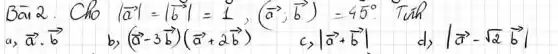 Bā 2. Cho |vec(a)|=|vec(b)|=1,(vec(a), vec(b))=45^circ . Túh a, vec(a) cdot vec(b) b,(vec(a)-3 vec(b))(vec(a)+2 vec(b)) c,|vec(a)+vec(b)| d,|vec(a)-sqrt(2) vec(b)|