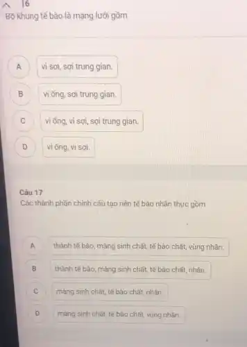 Bộ khung tế bào là mạng lưới gồm
vi sợi, sợi trung gian. A
B vi ống, sợi trung gian. B
C vi ống, vi sợi sợi trung gian. C
D vi ống, vi sợi. D
Câu 17
Các thành phần chính cấu tạo nên tế bào nhân thực gồm
A thành tế bào, màng sinh chất, tế bào chất, vùng nhân.
) thành tế bào, màng sinh chất, tế bào chất, nhân.
C màng sinh chất, tế bào chất, nhân.
D màng sinh chất, tế bào chất, vùng nhân. D