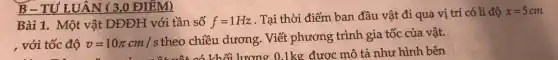 B - TƯ LUẬN (3 ,0 ĐIỂM)
Bài 1. Một vật DĐĐH với tần số f=1Hz
. Tại thời điểm ban đầu vật đi qua vị trí có li độ
x=5cm
, với tốc độ v=10pi cm/s
theo chiều dương . Viết phương trình gia tốc của vật.
,với tốc độ 0=10xcm/streo chỉ khối lượng 0.1kg được mô tả như hình bên