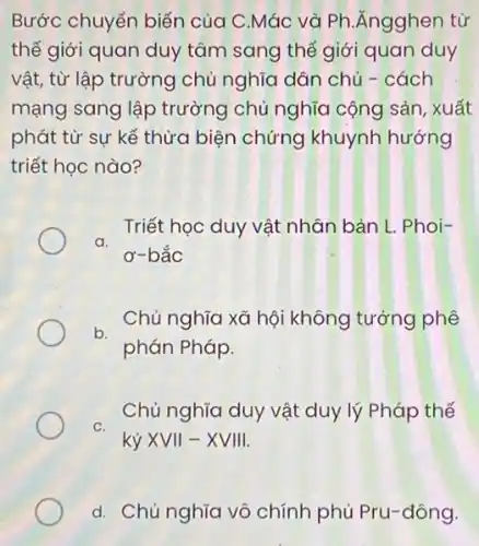 Bước chuyển biến của C.Mác và Ph.Ăngghen từ
thế giới quan duy tâm sang thế giới quan duy
vật, từ lập trường chủ nghĩa dân chủ - cách
mạng sang lập trường chủ nghĩa cộng sản, xuất
phát từ sự kế thừa biện chứng khuynh hướng
triết học nào?
Triết học duy vật nhân bản L. Phoi-
a.
ơ-bắc
b.
Chủ nghĩa xã hội không tưởng phê
phán Pháp.
C.
Chủ nghĩa duy vật duy lý Pháp thế
kỷ XVII-XVIIII
d. Chủ nghĩa vô chính phủ Pru-đông.