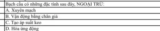 Bạch câu có những đặc tính sau đây,NGOẠI TRỪ:
A. Xuyên mạch
B. Vận động bằng chân giả
C. Tạo áp suất keo
D. Hóa ứng động