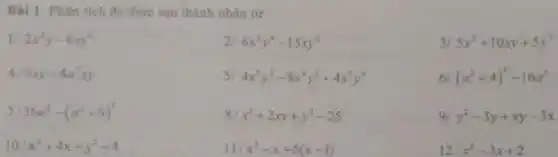 Bài 1: Phân tích đa thức sau thành nhân tử
1/ 2x^2y-6xy^2
21 6x^2y^4-15xy^2
31 5x^2+10xy+5y^2
4 9xy-4a^2xy
5/ 4x^5y^2-8x^4y^3+4x^3y^4
6 (a^2+4)^2-16a^2
71 36a^2-(a^2+9)^2
81 x^2+2xy+y^2-25
9/ y^2-3y+xy-3x
10/x^2+4x-y^2+4
11/ x^2-x+5(x-1)
12 x^2-3x+2