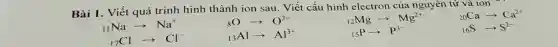 Bài 1. Viết quá trình hình thành ion sau. Viết cấu hình electron của nguyên tử và ion
(}_{11)Naarrow Na^+
(}_{8)Oarrow O^2-
(}_{12)Mgarrow Mg^2+
(}_{20)Caarrow Ca^2+
(}_{13)Alarrow Al^3+
(}_{15)Parrow P^3-
(}_{16)Sarrow S^2-